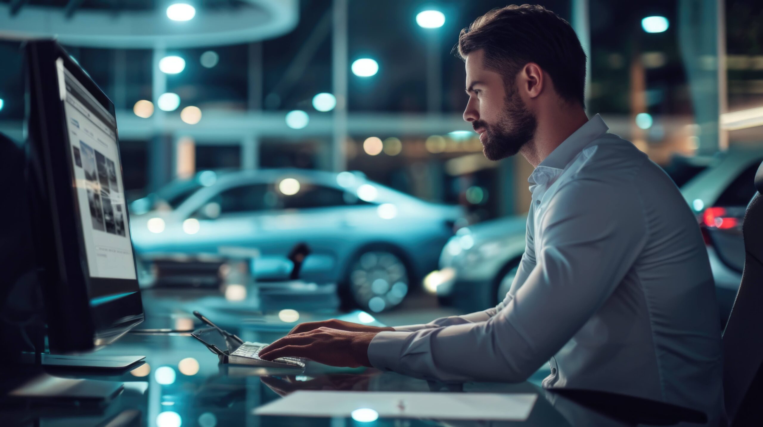 Man working on a computer at a car dealership.