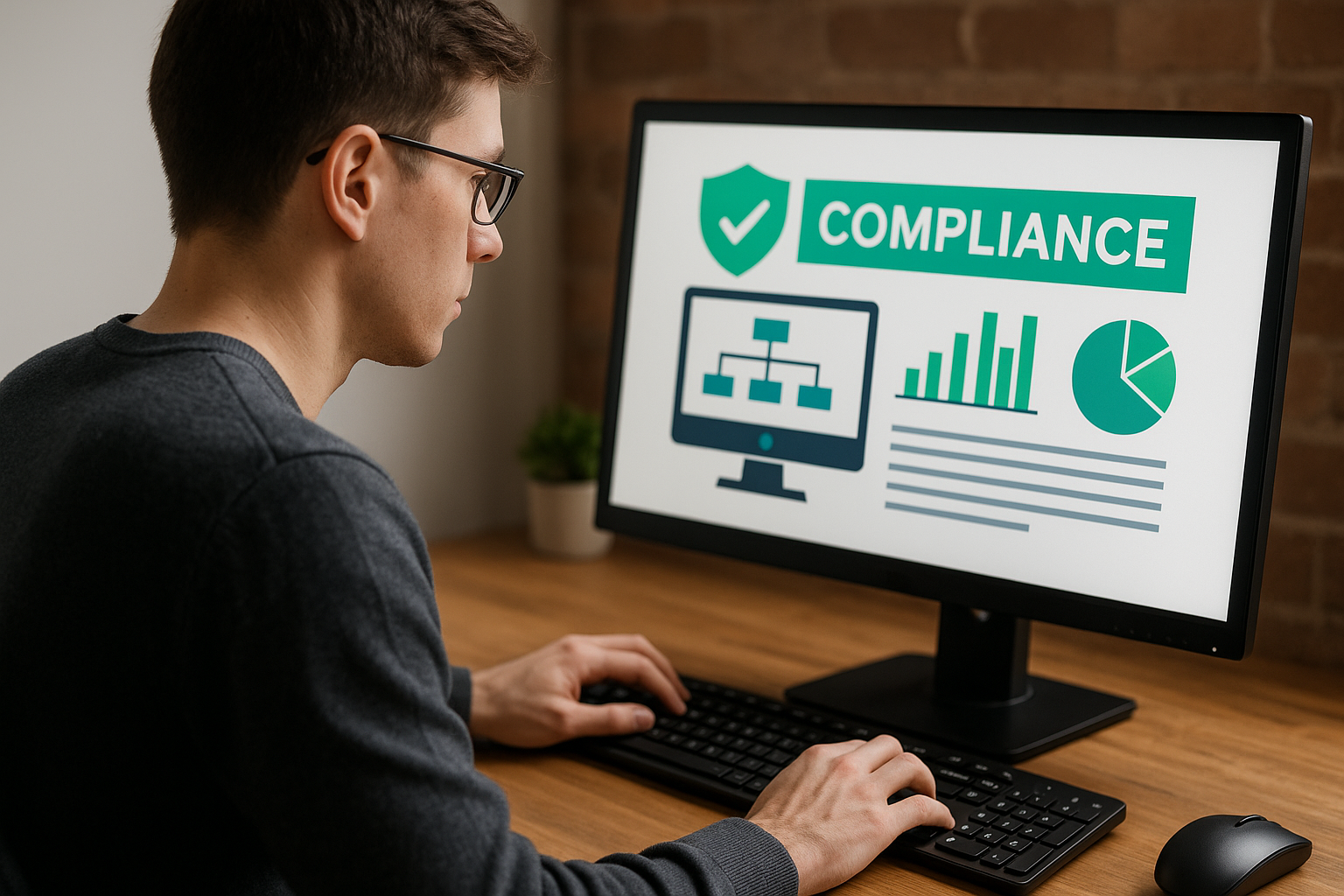 Person sitting in front of computer reviewing compliance webpage